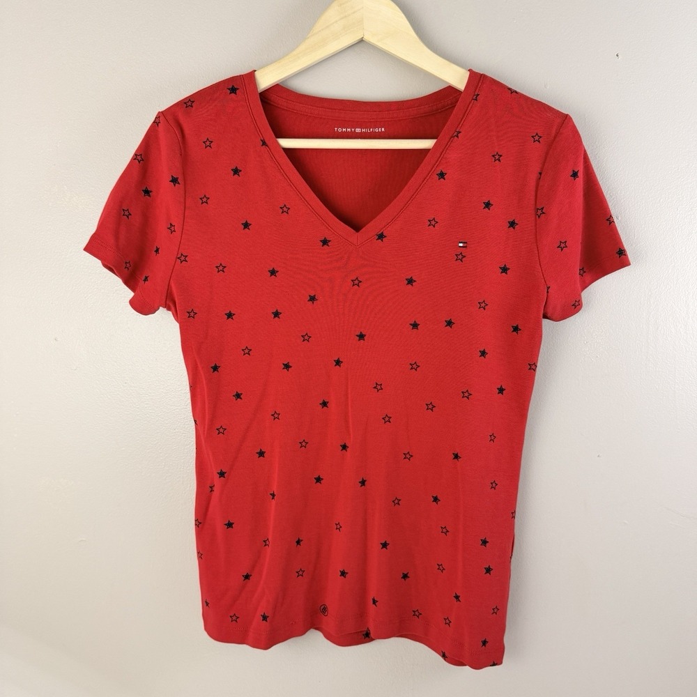 Tommy Hilfiger Red Navy Blue Star Graphic V Neck Cotton Tee Shirt Cottom Shirt